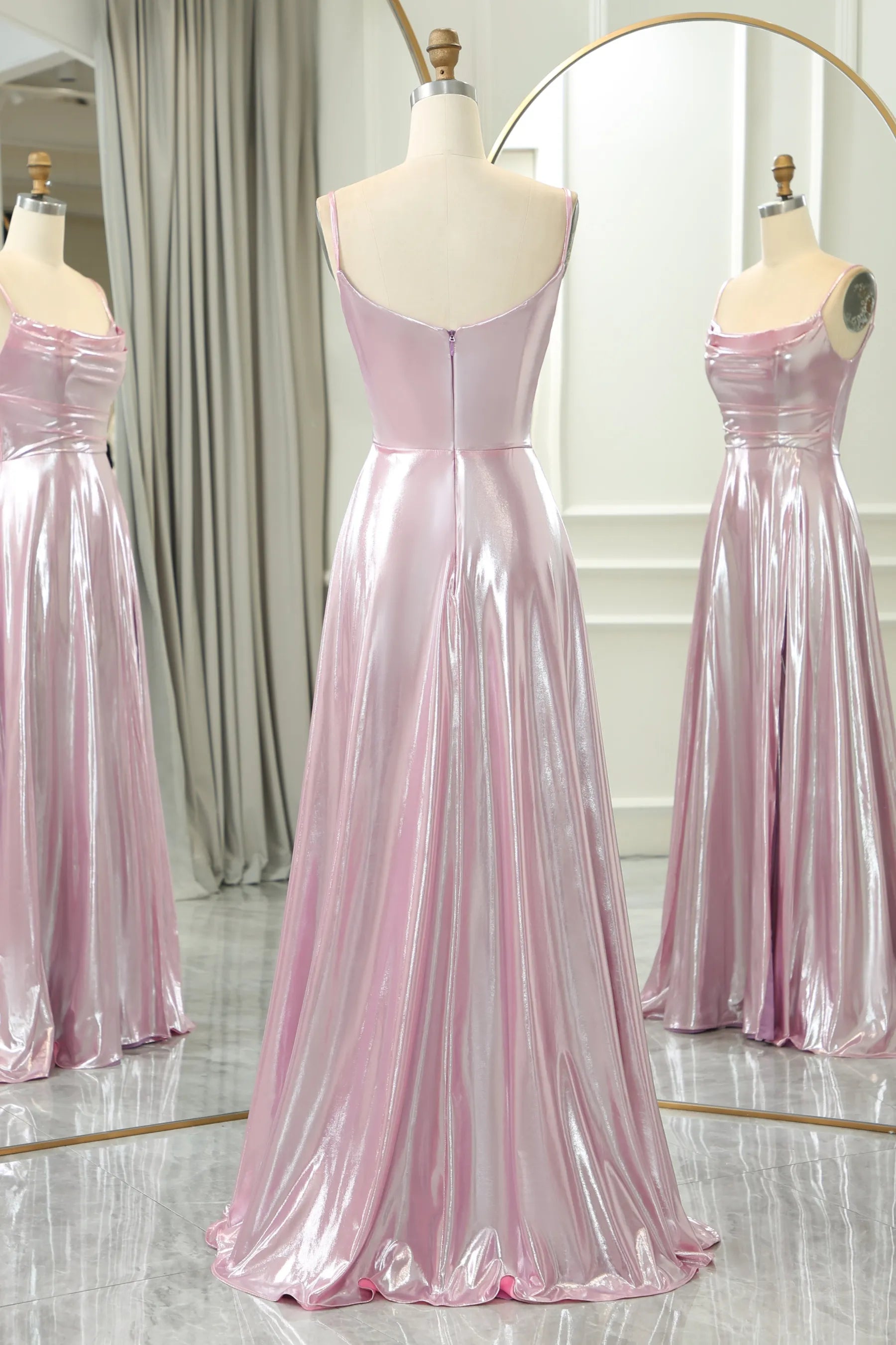 Pink A-Line Spaghetti Straps Long Prom Dress With Slit