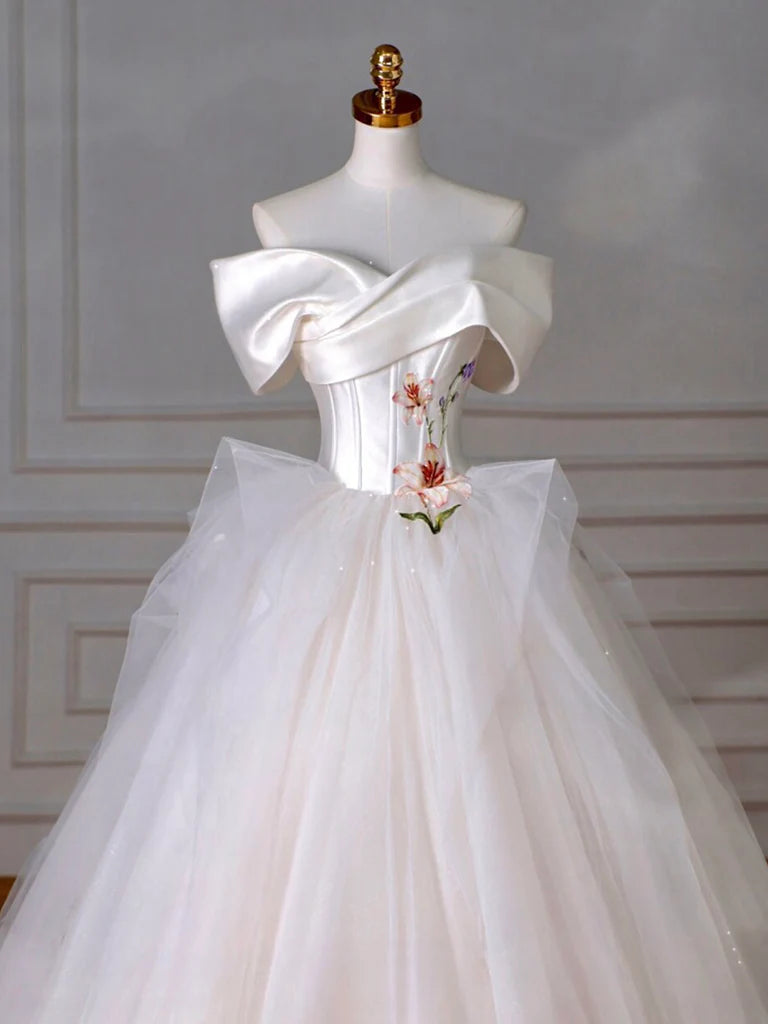 A-Line Off Shoulder Tulle Beige Long Wedding Dress