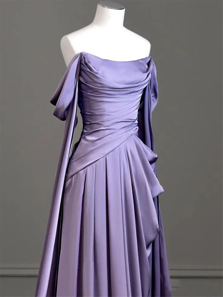 Purple Satin Prom Dress Draped Bodice Formal Party Dress