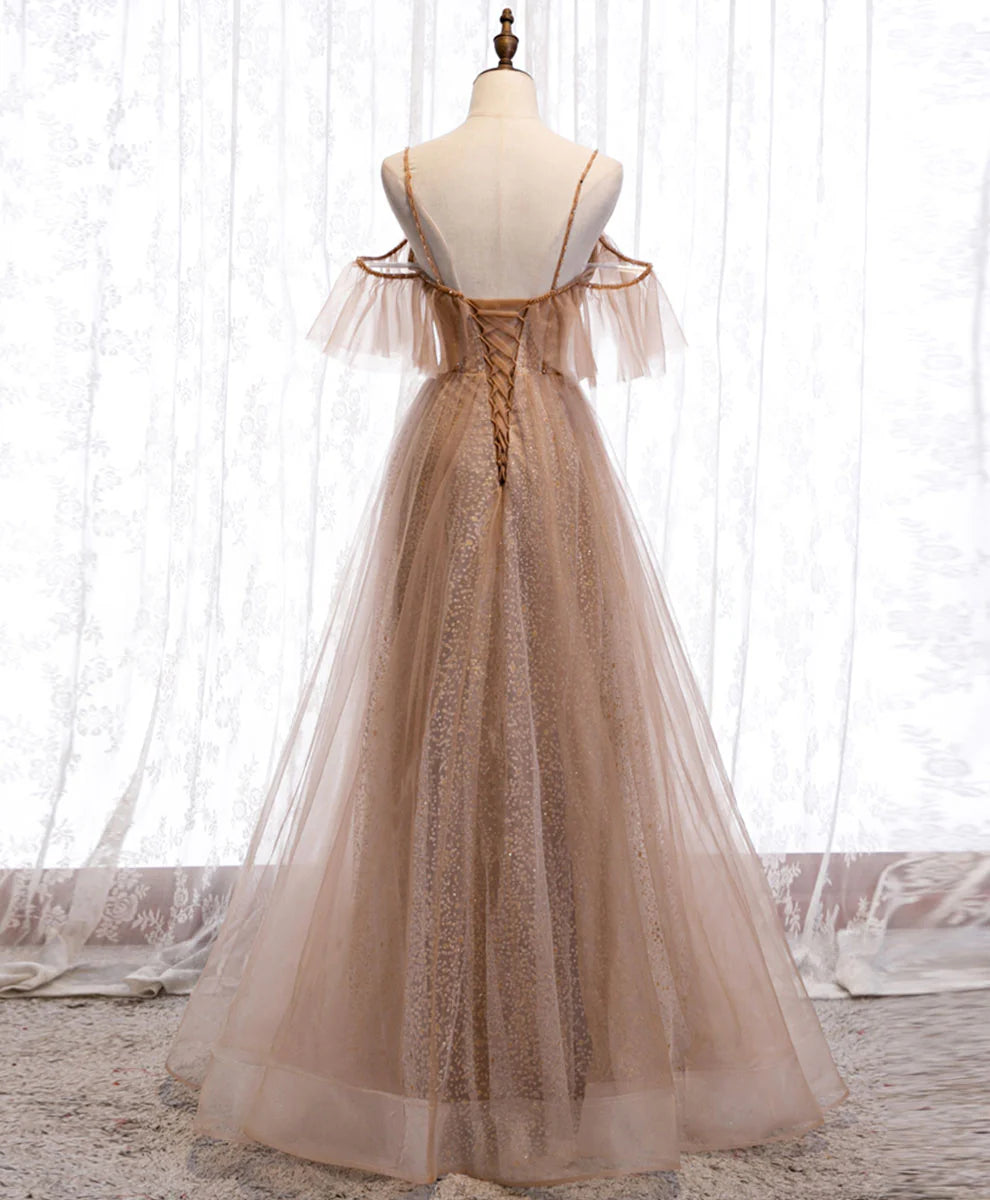 Tulle Sequin Long Prom Dress Champagne Evening Dress