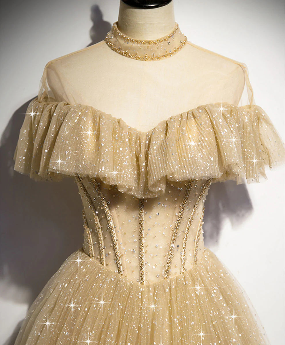 Long Prom Dress Aline Champagne Graduation Dress with Beading