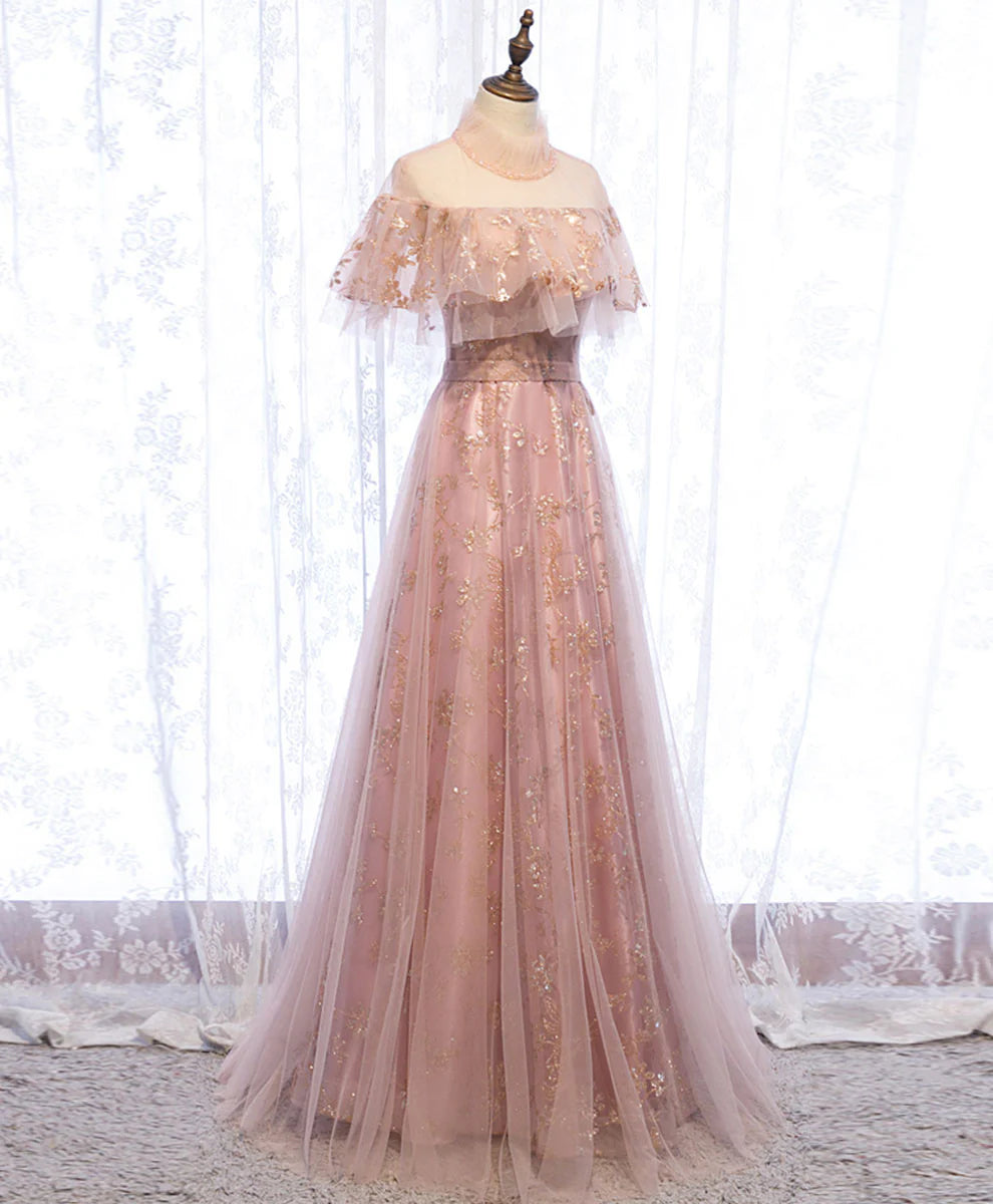 Tulle Lace Long Prom Dress Pink Tulle Formal Dress