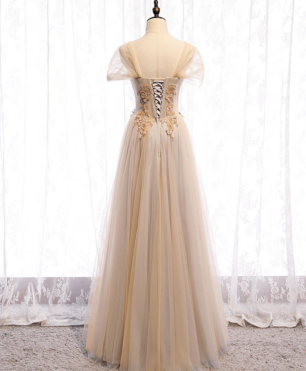 Sweetheart Tulle Lace Long Prom Dress Champagne Formal Dress
