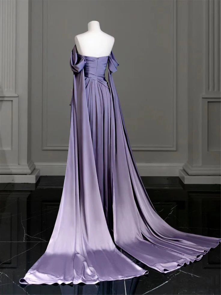 Purple Satin Prom Dress Draped Bodice Formal Party Dress