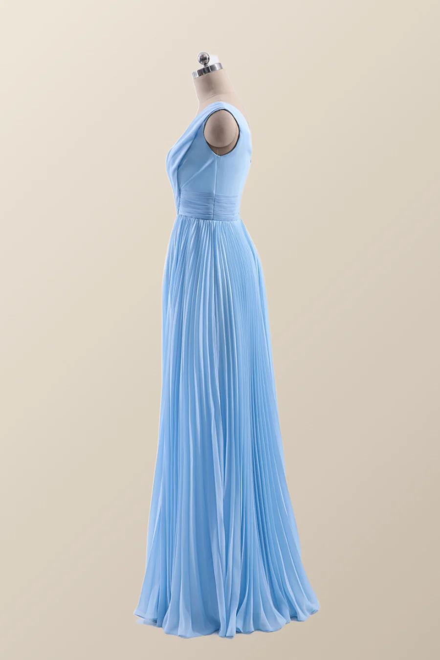 V Neck Blue Chiffon A-line Long Bridesmaid Dress