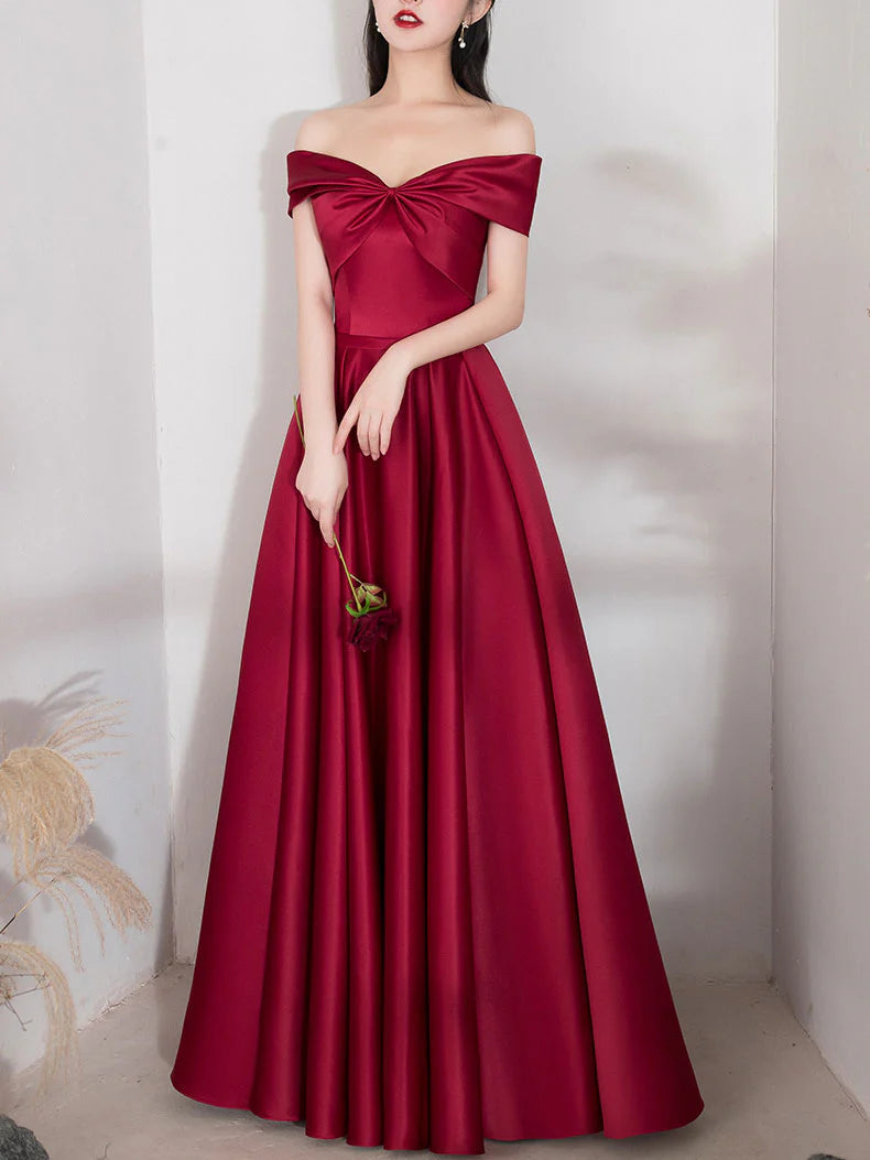 A-line Dark Red Satin Long Prom Dress Red Bridesmaid Dress