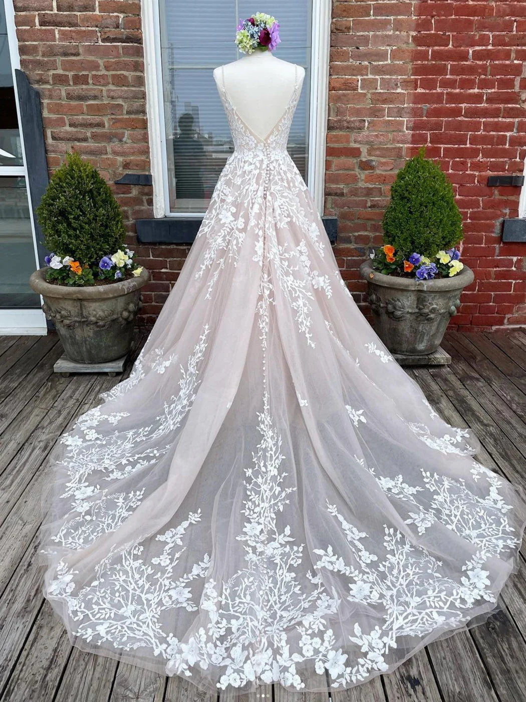 V Neck Tulle Lace Long Wedding Dress Lace Tulle Formal Dress