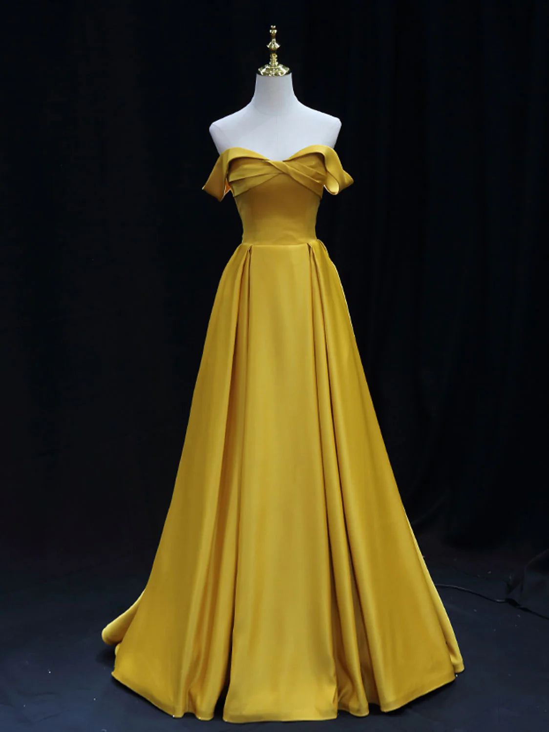 Off Shoulder Yellow Satin Long Prom Dress Yellow Formal Evening Dress