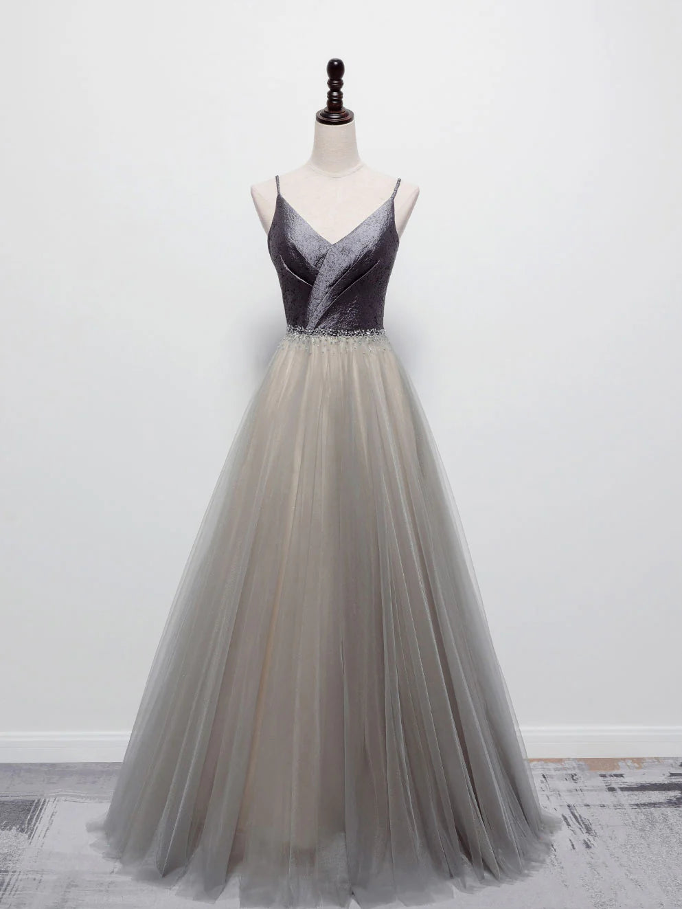 Gray V Neck Tulle Long Prom Dress Gray A line Gray Formal Dresses