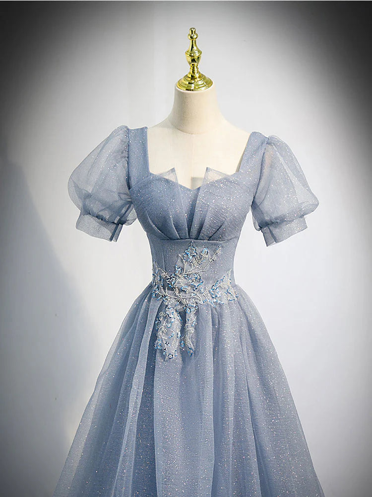 Tulle Long Prom Dress Gray Blue Tulle Formal Evening Dresses