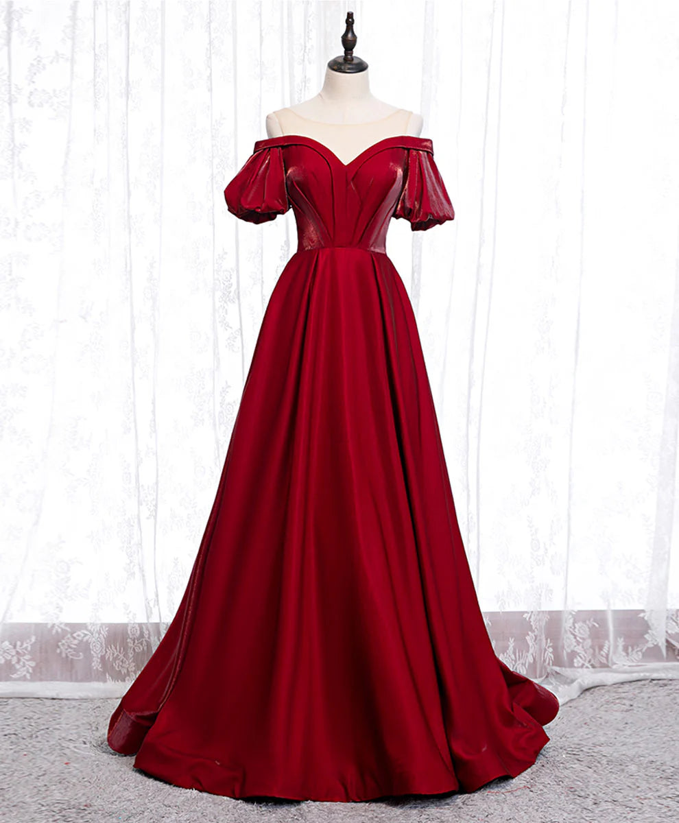 Sweetheart Burgundy Satin Long Prom Dress Burgundy Formal Graduation Dress
