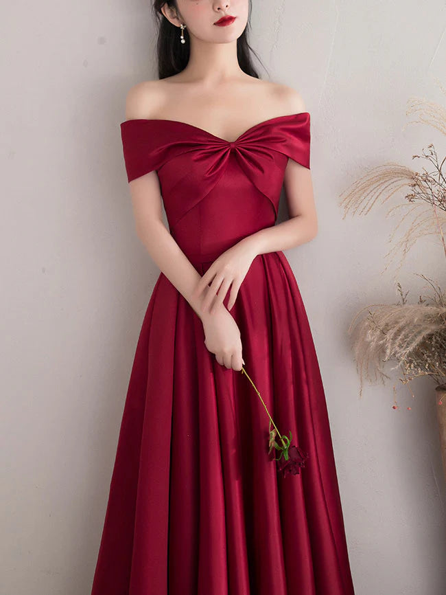 A-line Dark Red Satin Long Prom Dress Red Bridesmaid Dress