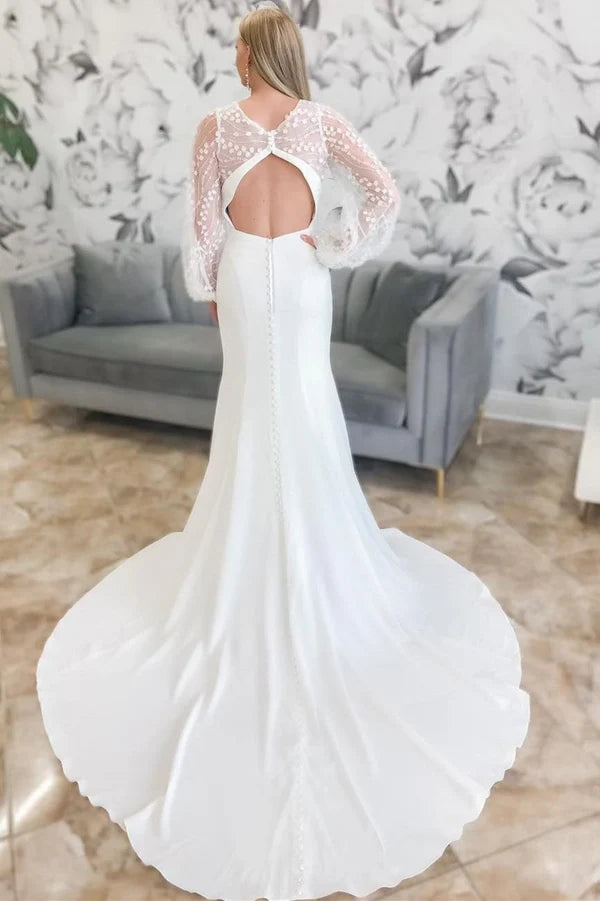 Ivory  V Mermaid Long Wedding Dress with Balloon Sleeves