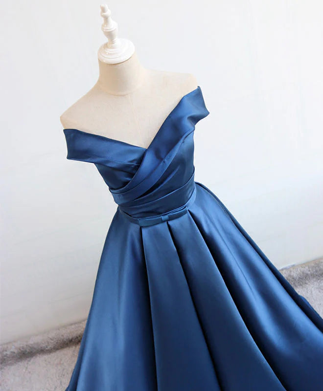 Blue Satin Long Prom Dress Formal Bridesmaid Dresses