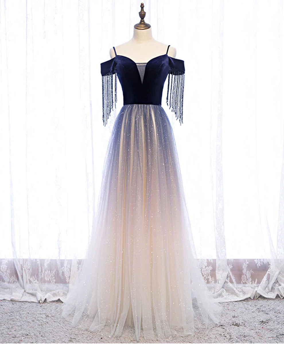 Tulle Long Prom Dress Blue Tulle Formal Dress with Beading Velvet