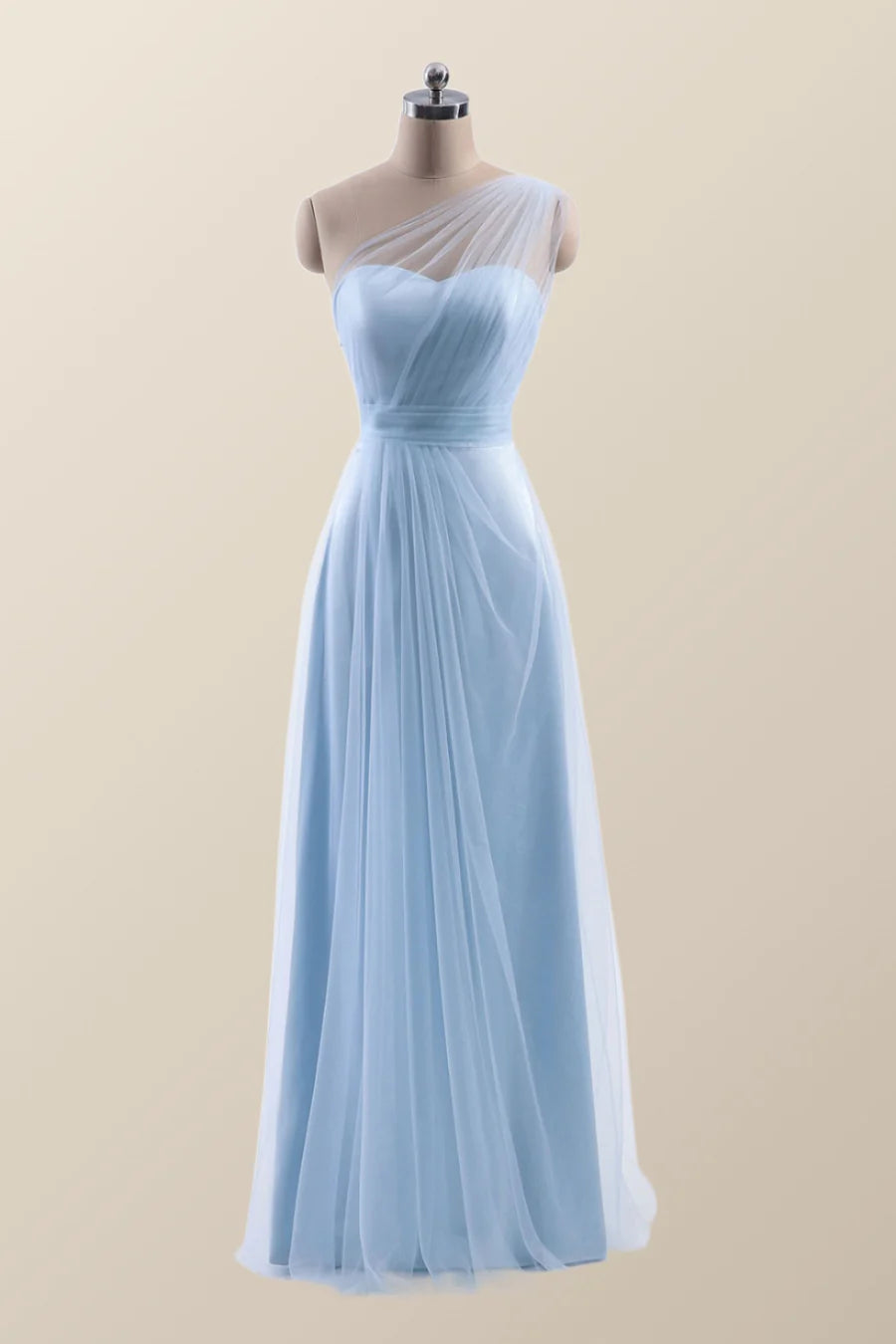 One Shoulder Light Blue Tulle A-line Bridesmaid Dress