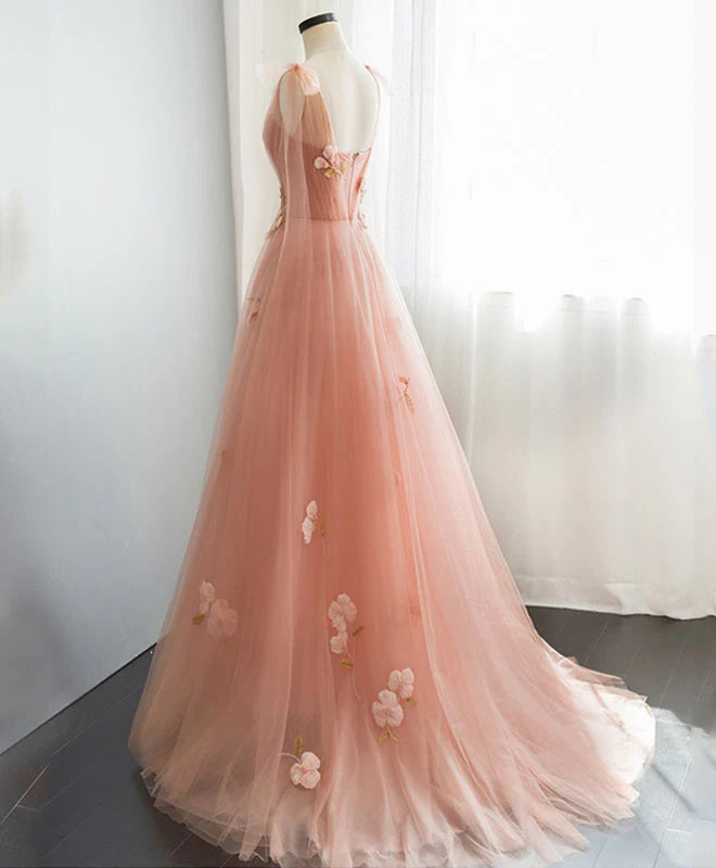 V Neck Tulle Long Prom Dress Tulle Pink Evening Dress