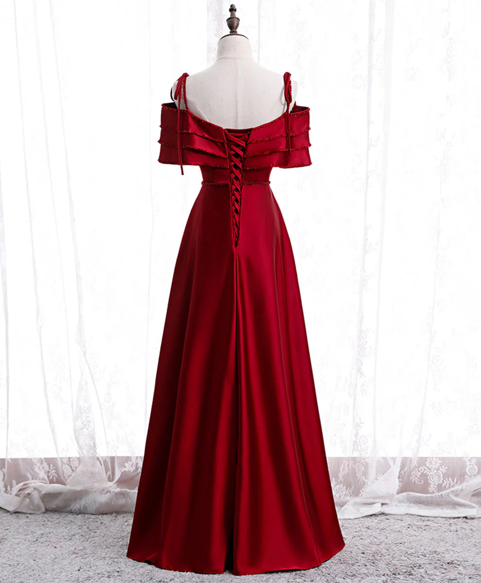 Satin Beads Long Prom Dress Burgundy Evening Dress