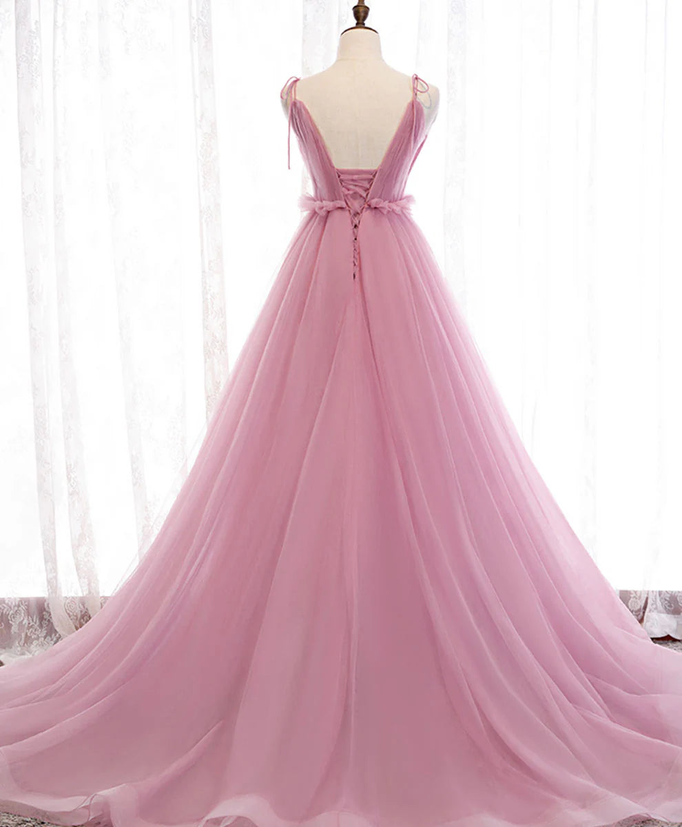 V Neck Long Prom Dress Aline Pink Formal Evening Dresses