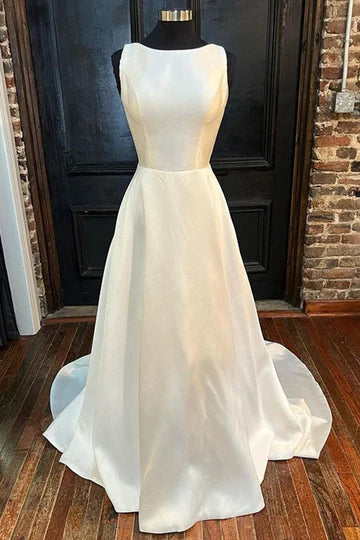 Satin Crew Neck Bow-Back A-Line Wedding Dress