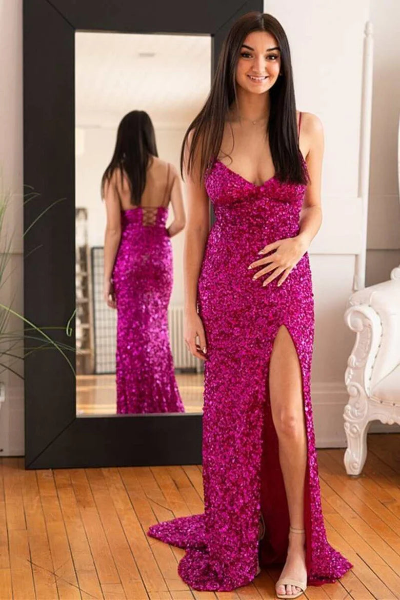 Purple Sequins Long Formal Dress with Slit