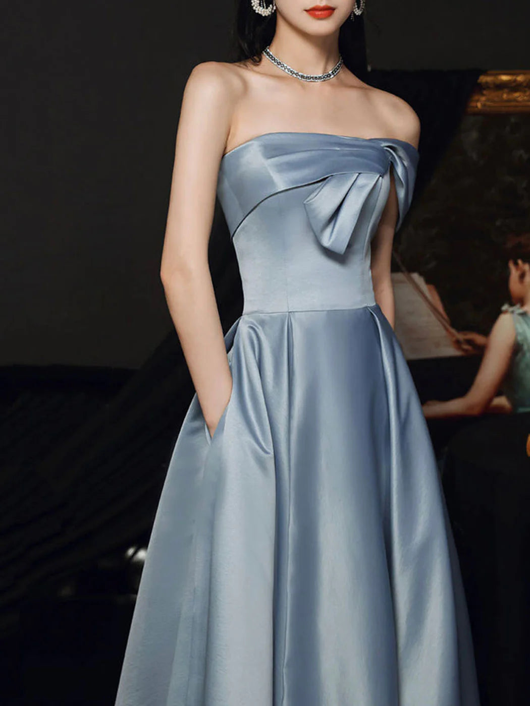 A Line Satin Gray Blue Long Prom Dress Gray Blue Long Bridesmaid Dress