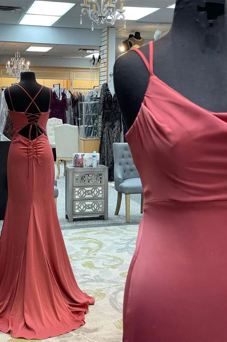 Satin Cowl Neck Lace-Up Mermaid Prom Dress