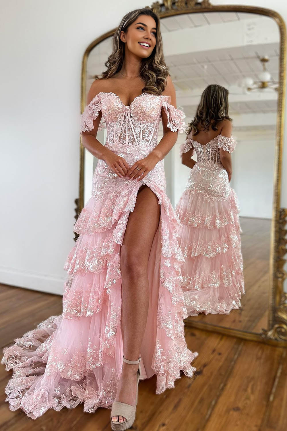 Off The Shoulder Mermaid Glitter Prom Dress With Appliques And Split