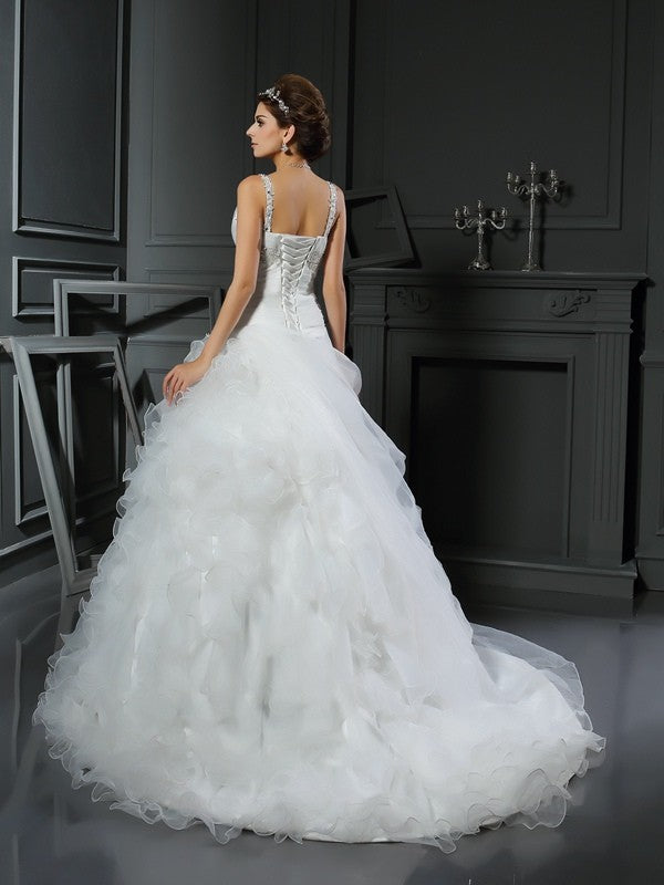 Ball Gown V-neck Ruffles Sleeveless Long Organza Wedding Dresses