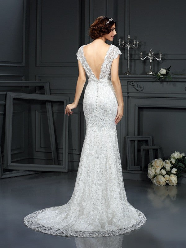 Trumpet/Mermaid V-neck Lace Sleeveless Long Lace Wedding Dresses
