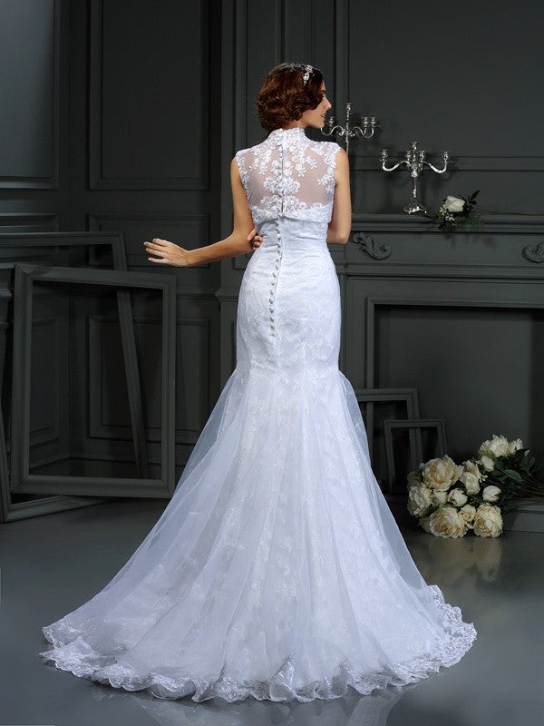 Trumpet/Mermaid Sweetheart Lace Sleeveless Long Satin Wedding Dresses