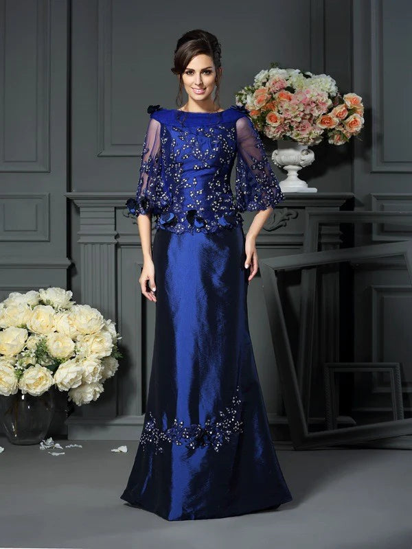 A-Line Princess Scoop Beading Sleeves Long Taffeta Mother of the Bride Dresses