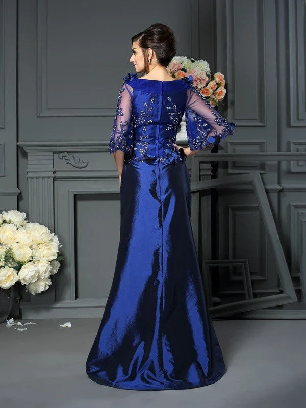 A-Line Princess Scoop Beading Sleeves Long Taffeta Mother of the Bride Dresses