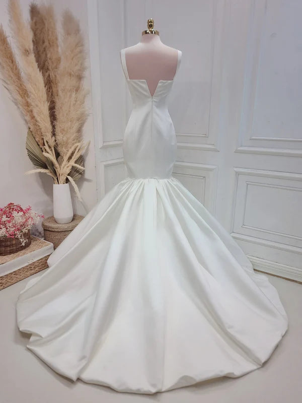 Mermaid Simple Satin White Wedding Dress Sweep Train Bridal Gown