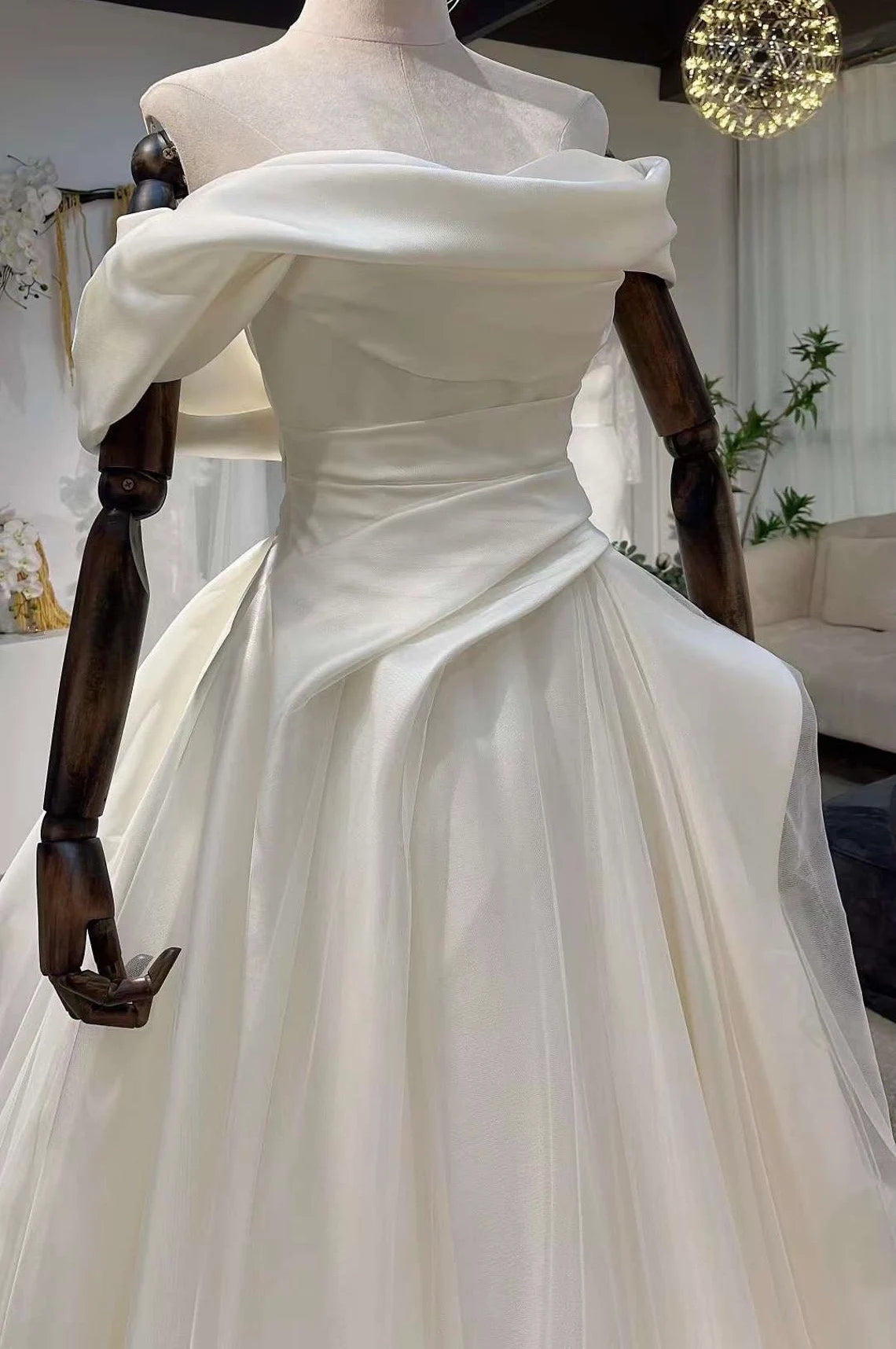 Off-the-shoulder satin corset wedding dress unique minimalist A-line bridal dress custom simple & classic Ivory ball gown