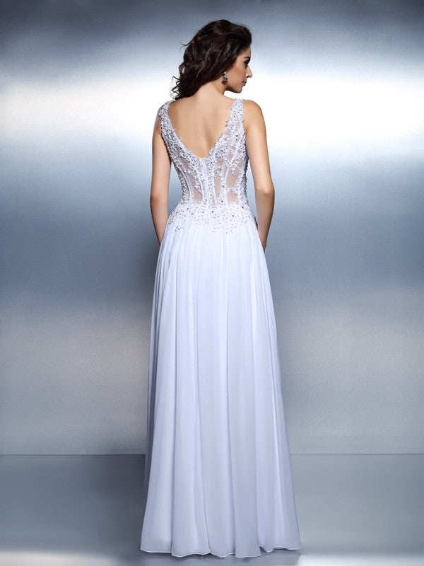 A-Line/Princess Scoop Applique Sleeveless Long Chiffon Dresses