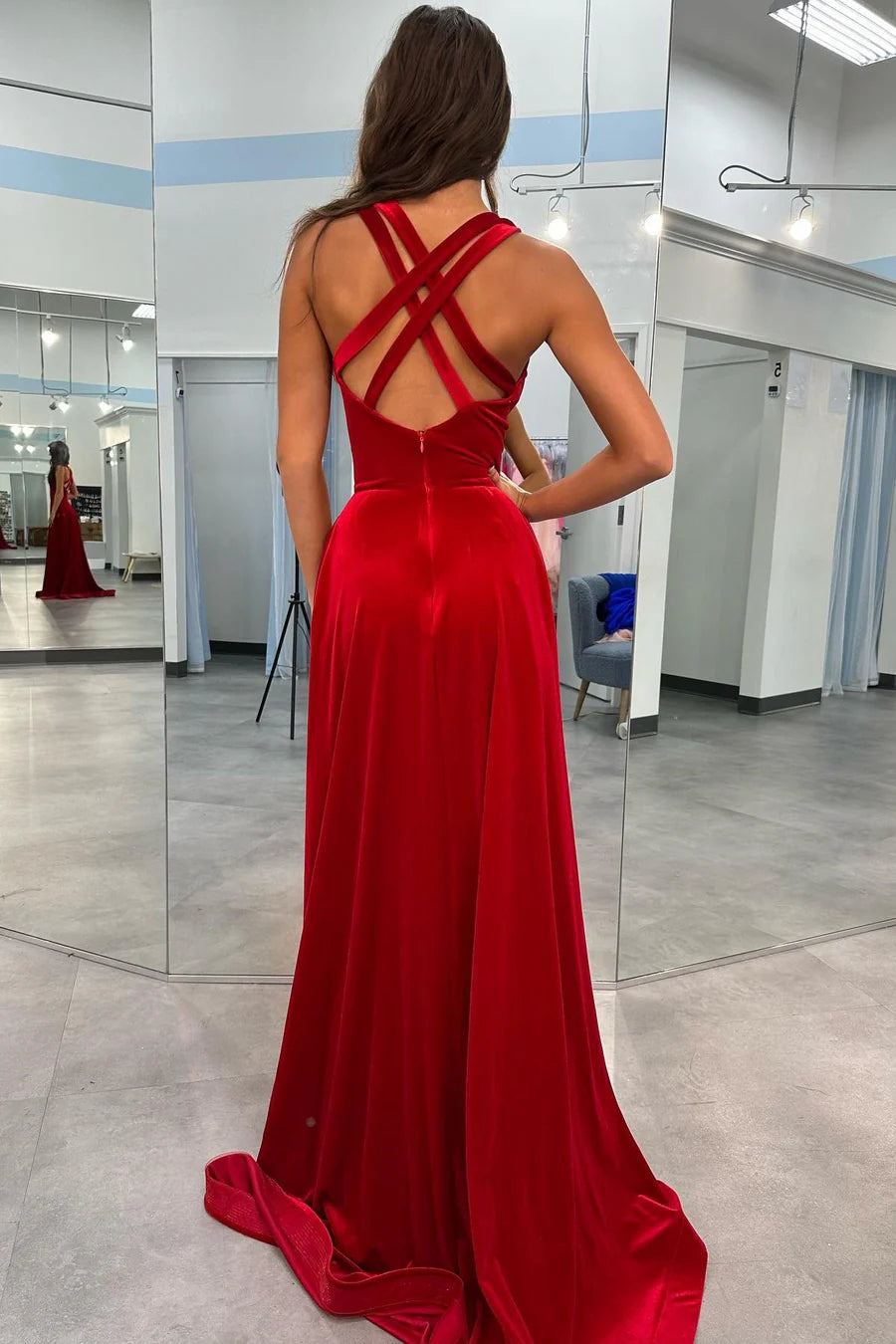 Velvet Plunge V Cross Back A-Line Long Formal Dress