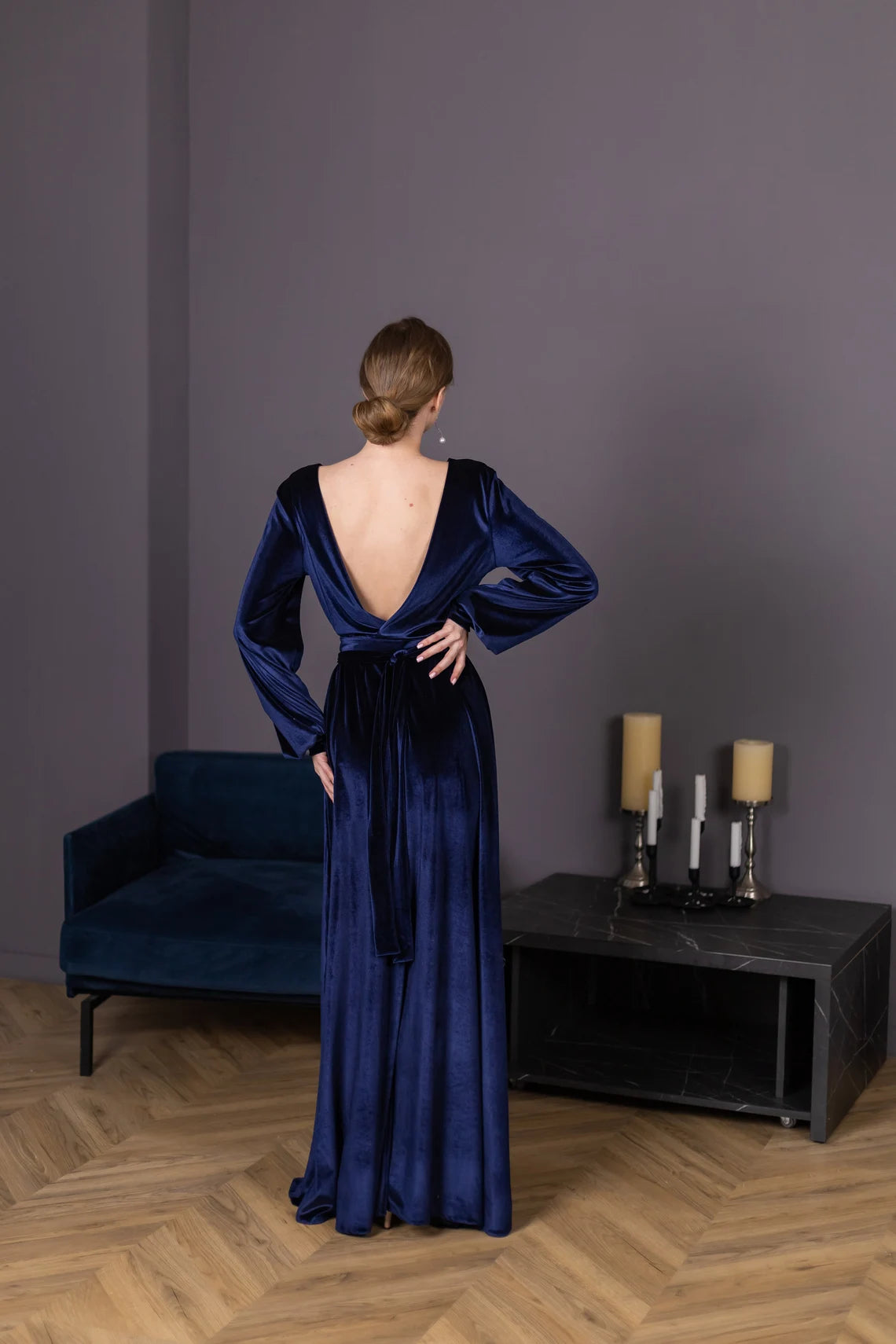 Velvet Navy Blue Prom Dress for Wedding Guest Boat Neck Maxi Dress  Handmade to Order Dress