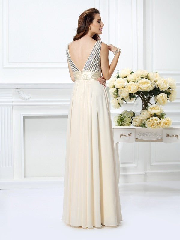 A-Line/Princess Straps Beading Sleeveless Long Chiffon Dresses