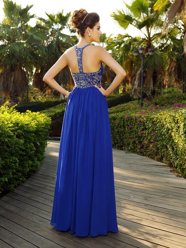 A-Line/Princess Straps Beading Sleeveless Long Chiffon Dresses