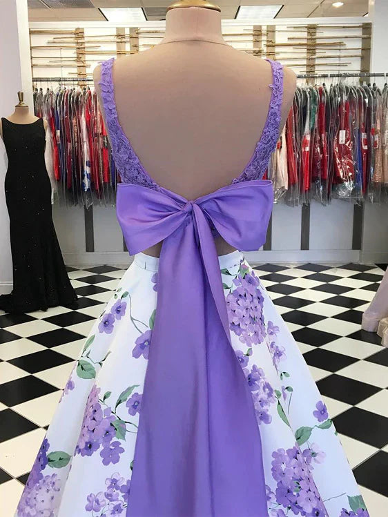 A Line Purple Floral Lace Two Piece Prom Dresses with Bowknot