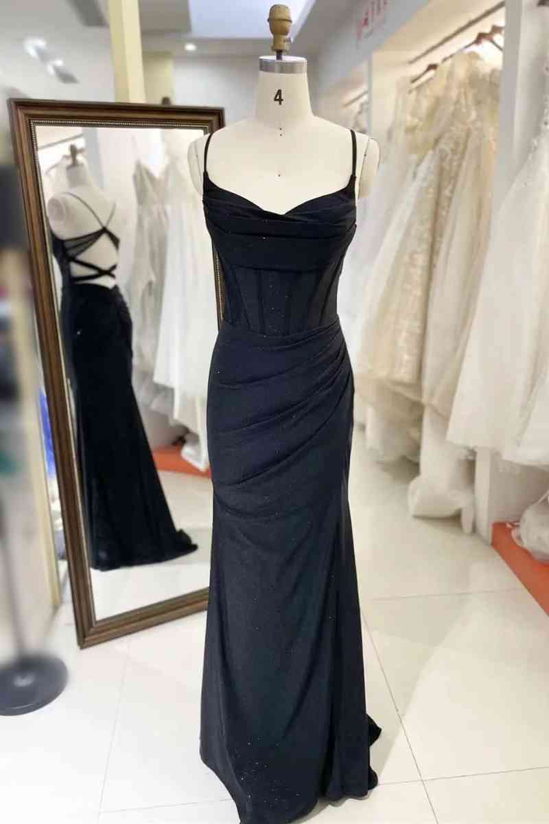 Simple Long Black Satin Prom Dresses Pleated Spaghetti Straps