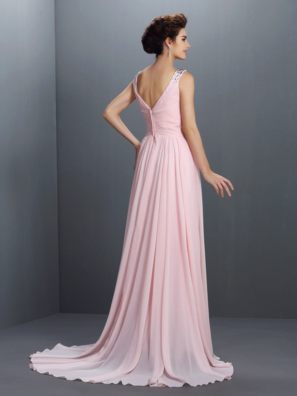 A-Line/Princess Straps Beading Sleeveless Long Chiffon Dresses