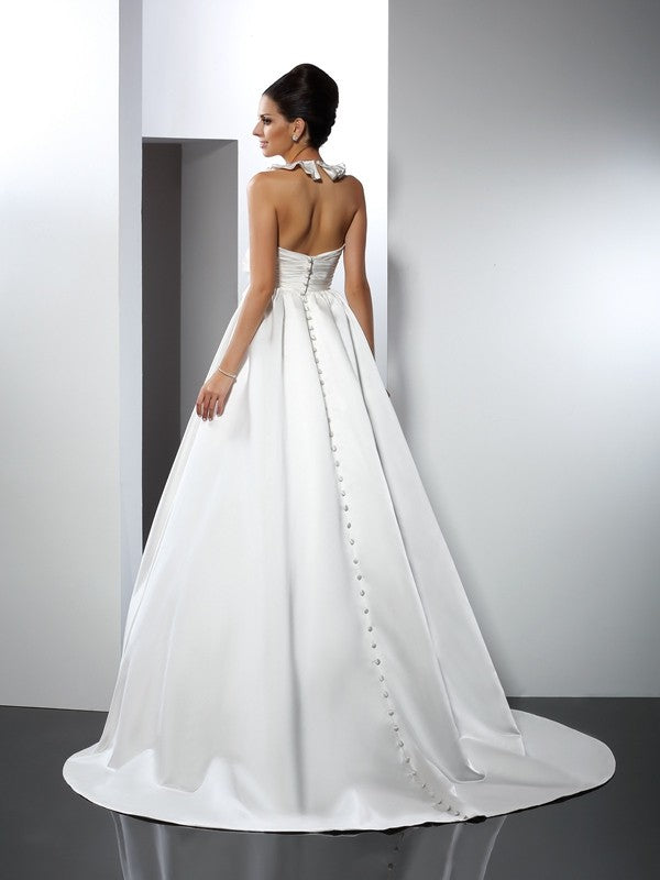A-Line/Princess Halter Hand-Made Flower Sleeveless Long Satin Wedding Dresses