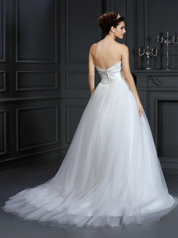 Ball Gown Strapless Pleats Sleeveless Long Taffeta Wedding Dresses