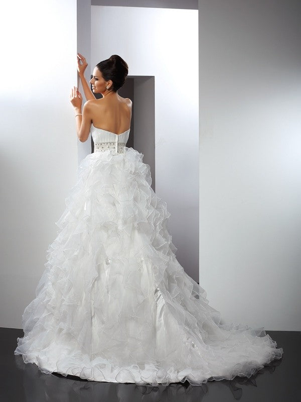 Ball Gown Sweetheart Ruffles Sleeveless Long Organza Wedding Dresses