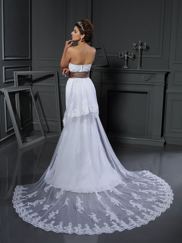 Sheath/Column Sweetheart Applique Sleeveless Long Net Wedding Dresses