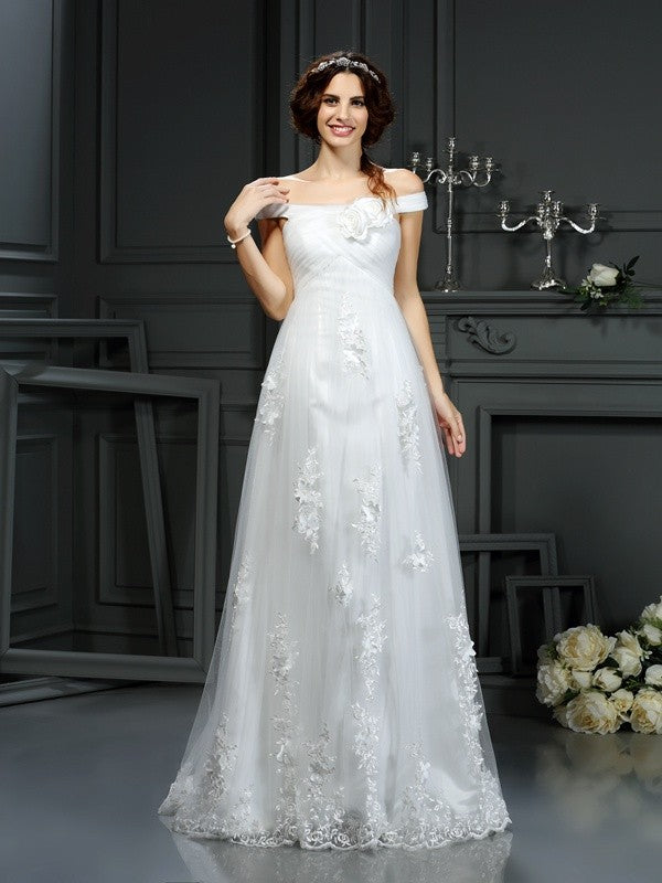 A-Line/Princess Off-the-Shoulder Applique Sleeveless Long Net Wedding Dresses