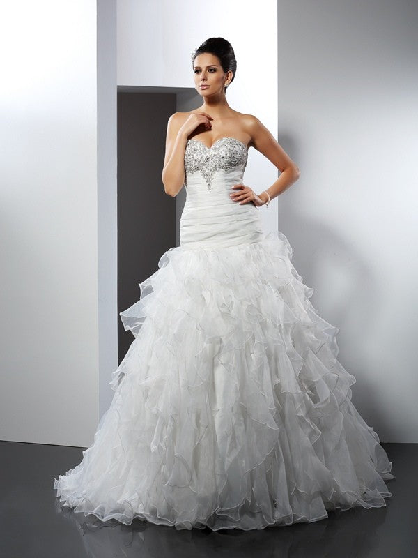 Ball Gown Sweetheart Ruffles Sleeveless Long Organza Wedding Dresses