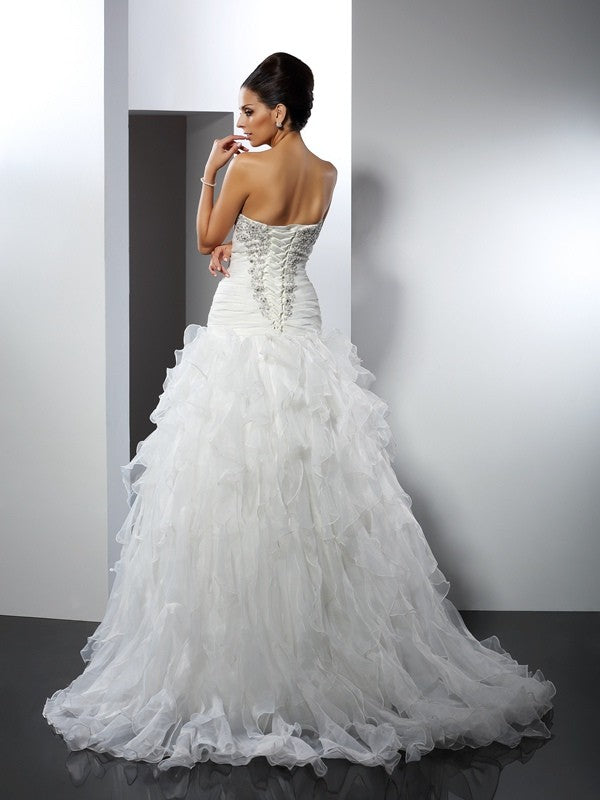 Ball Gown Sweetheart Ruffles Sleeveless Long Organza Wedding Dresses